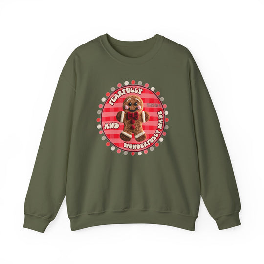 Wonderfully Made Crew: Olive-green sweatshirt featuring a joyful gingerbread man on a gingham background with Fearfully and Wonderfully Made and Psalm 139:14, embodying cozy comfort.