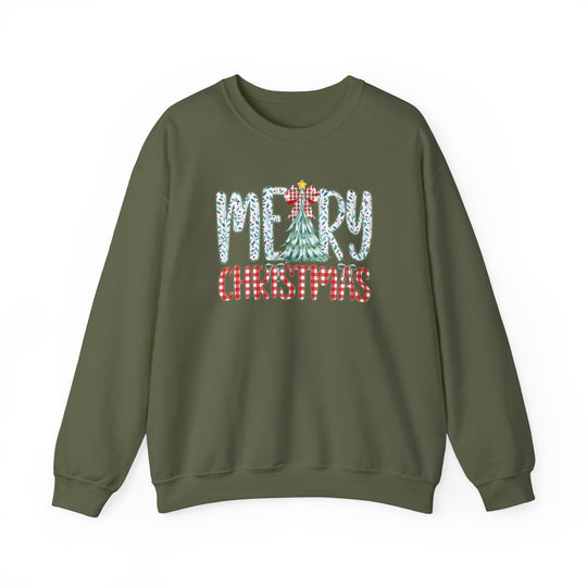 Olive-green crewneck sweatshirt featuring Merry Christmas graphic with holly pattern, Christmas tree R, and gingham lettering, embodying festive design and cozy comfort.