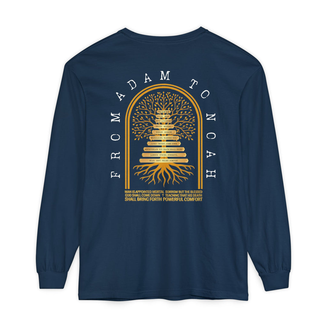 Noah to Adam Long Sleeve T-Shirt featuring a gold and white family tree design, listing figures from Adam to Noah with name meanings and a thoughtful caption.