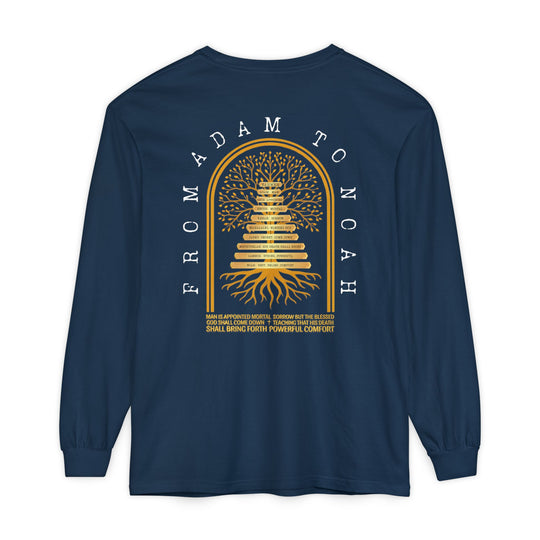 Noah to Adam Long Sleeve T-Shirt featuring a gold and white family tree design, listing figures from Adam to Noah with name meanings and a thoughtful caption.