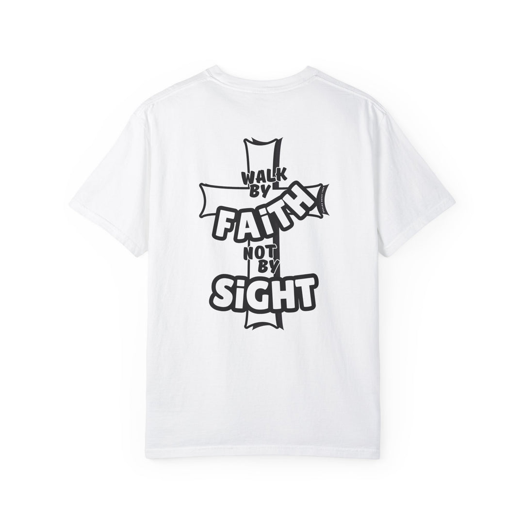 A relaxed fit Walk By Faith Not By Sight Tee, crafted from 100% ring-spun cotton. Garment-dyed for extra coziness, featuring double-needle stitching for durability and a seamless design for a sleek look.