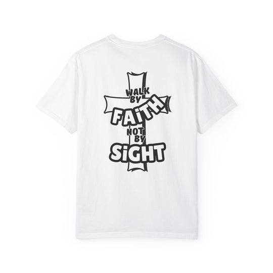 A relaxed fit Walk By Faith Not By Sight Tee, crafted from 100% ring-spun cotton. Garment-dyed for extra coziness, featuring double-needle stitching for durability and a seamless design for a sleek look.