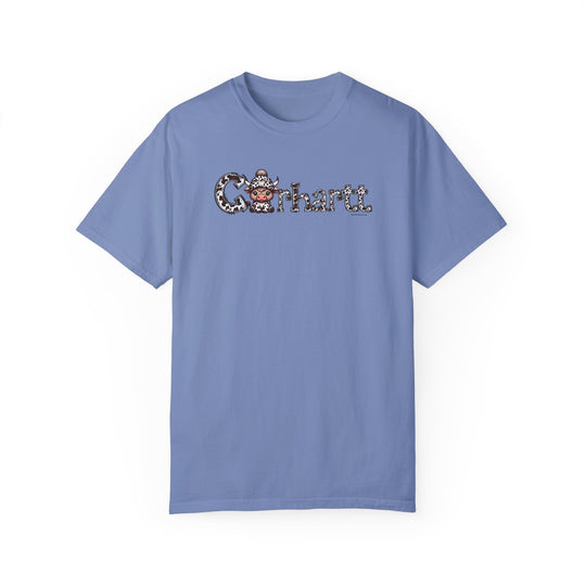Blue Cowhartt Cow Tee, 100% ring-spun cotton, garment-dyed. Relaxed fit, double-needle stitching, no side-seams. Medium weight, cozy and durable. Ideal for daily wear.