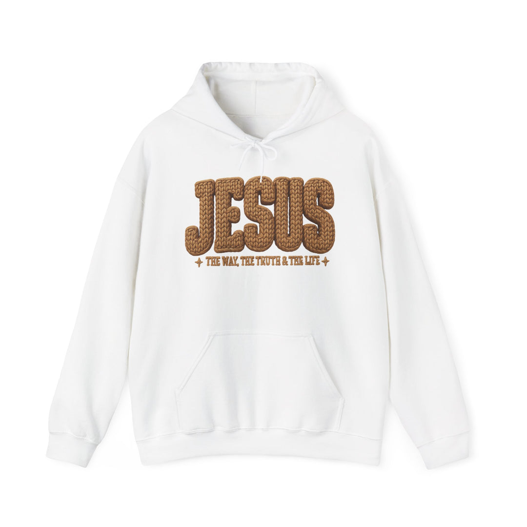 White pullover hoodie featuring JESUS in brown letters with the way, the truth & the life beneath, spacious kangaroo pocket, and matching drawstring, from Faith Family Designs.
