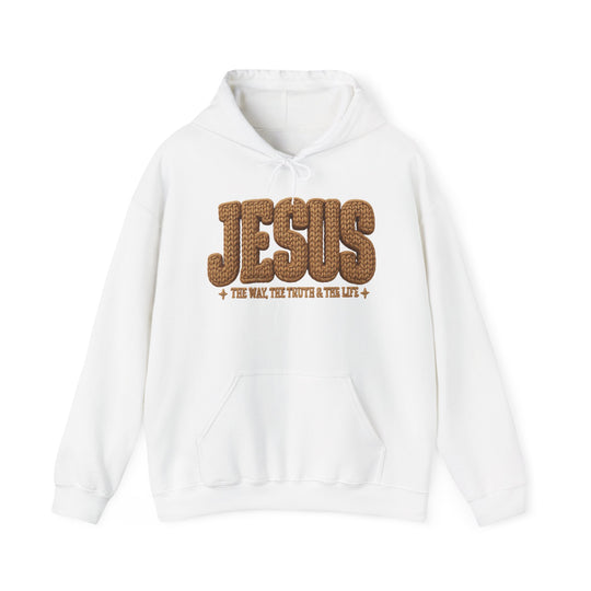 White pullover hoodie featuring JESUS in brown letters with the way, the truth & the life beneath, spacious kangaroo pocket, and matching drawstring, from Faith Family Designs.