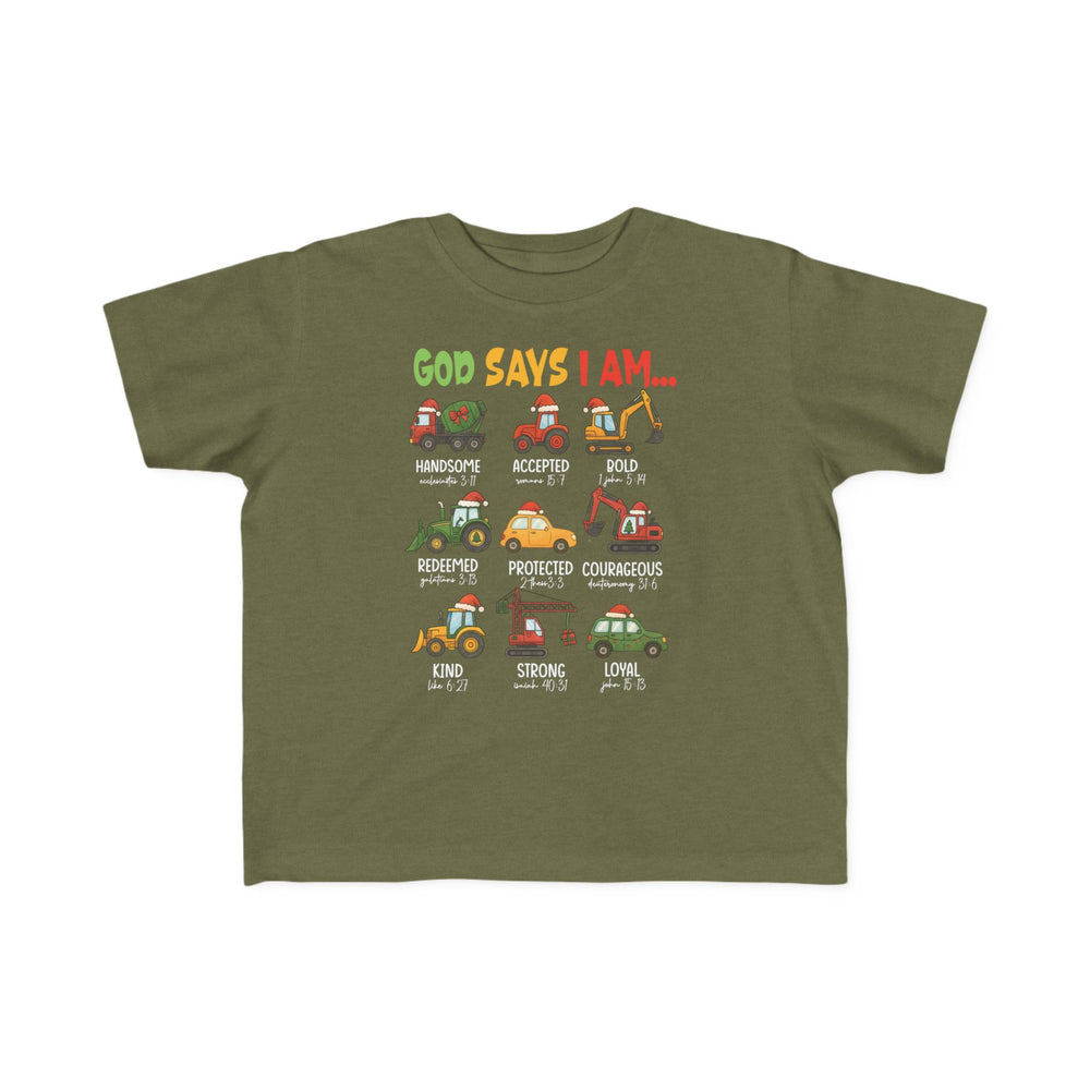 Children's olive-green T-shirt with festive construction-vehicle design, featuring nine affirmations and Bible references, ideal for toddlers. God Says Christmas Truck Toddler Tee by Faith Family Designs.