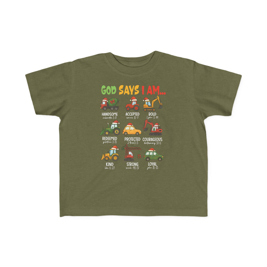 Children's olive-green T-shirt with festive construction-vehicle design, featuring nine affirmations and Bible references, ideal for toddlers. God Says Christmas Truck Toddler Tee by Faith Family Designs.