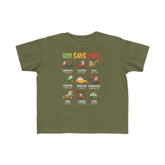 Children's olive-green T-shirt with festive construction-vehicle design, featuring nine affirmations and Bible references, ideal for toddlers. God Says Christmas Truck Toddler Tee by Faith Family Designs.