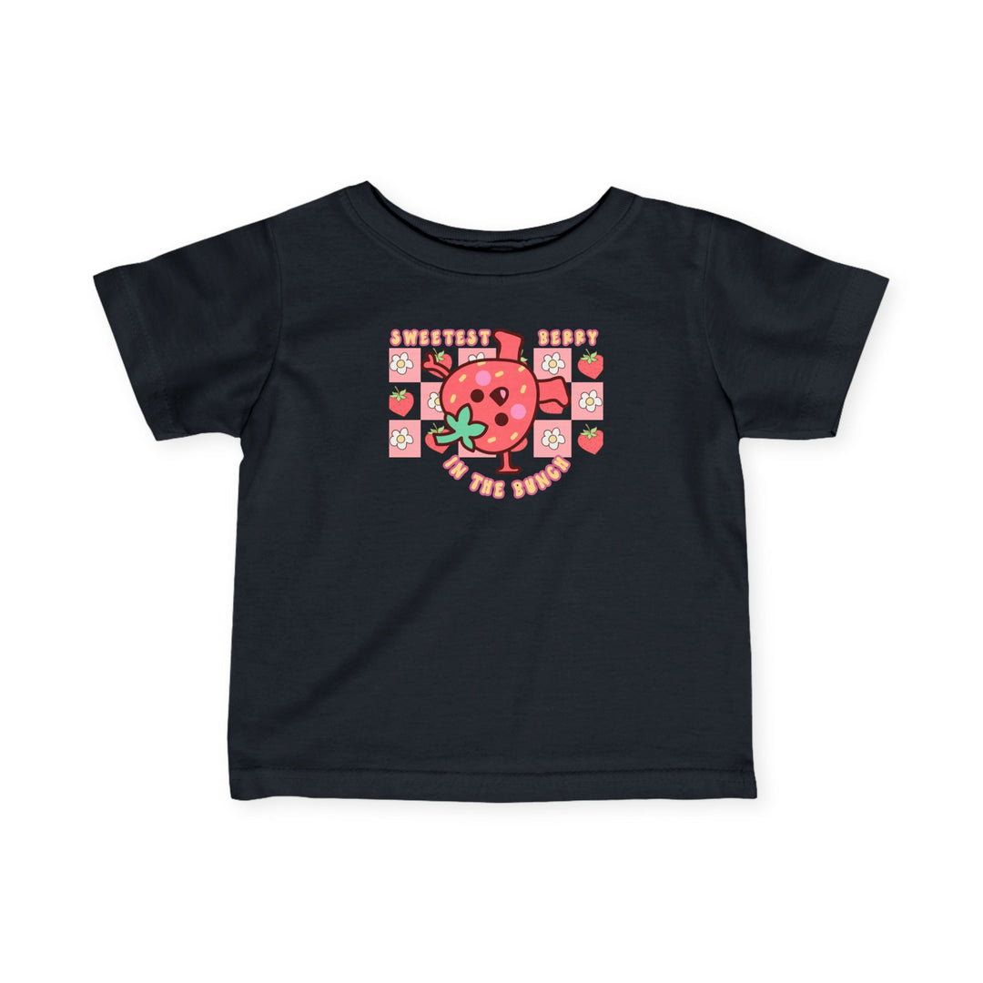 Sweetest Berry in the Bunch Baby Tee, featuring ribbed knitting and taped shoulders, offers a comfortable, durable fit for infants, reflecting Worlds Worst Tees' unique style.