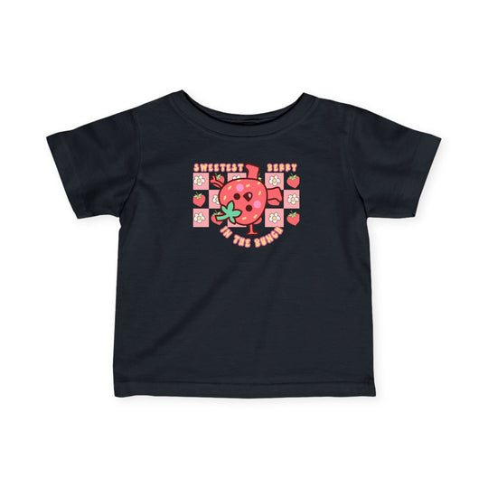 Sweetest Berry in the Bunch Baby Tee, featuring ribbed knitting and taped shoulders, offers a comfortable, durable fit for infants, reflecting Worlds Worst Tees' unique style.