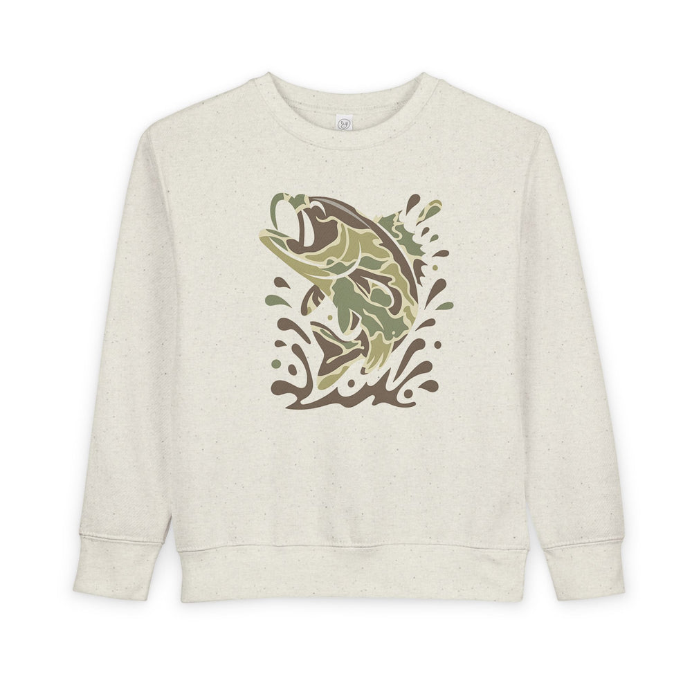 Camo Fish Toddler Crew: Cream crewneck sweatshirt featuring a stylized largemouth bass jumping, ideal for keeping toddlers snug in durable, soft fleece.