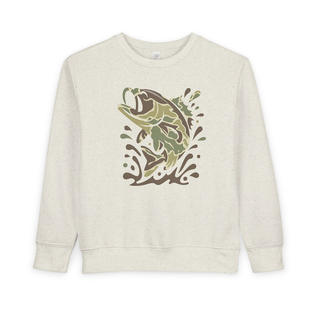 Camo Fish Toddler Crew: Cream crewneck sweatshirt featuring a stylized largemouth bass jumping, ideal for keeping toddlers snug in durable, soft fleece.