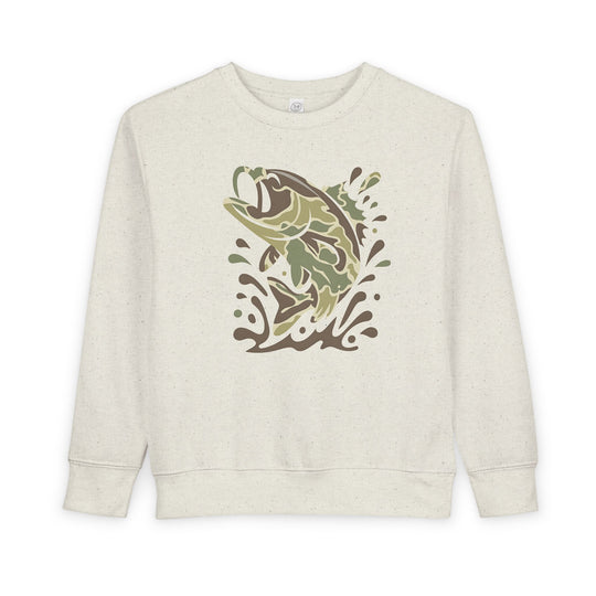 Camo Fish Toddler Crew: Cream crewneck sweatshirt featuring a stylized largemouth bass jumping, ideal for keeping toddlers snug in durable, soft fleece.