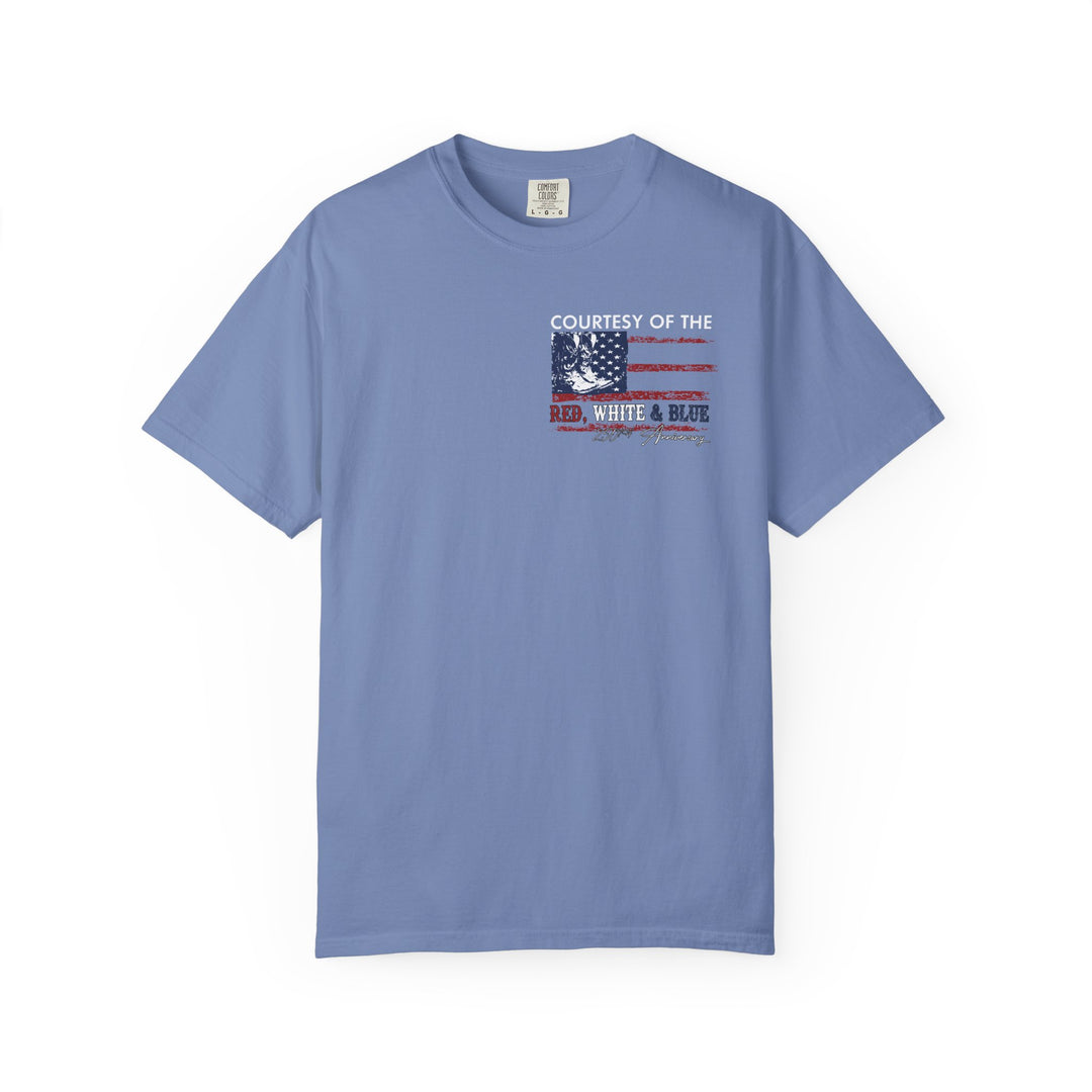 Courtesy of the USA Tee: Light-blue shirt featuring a distressed American flag design celebrating the 250th Anniversary, crafted from soft, durable 100% ring-spun cotton.