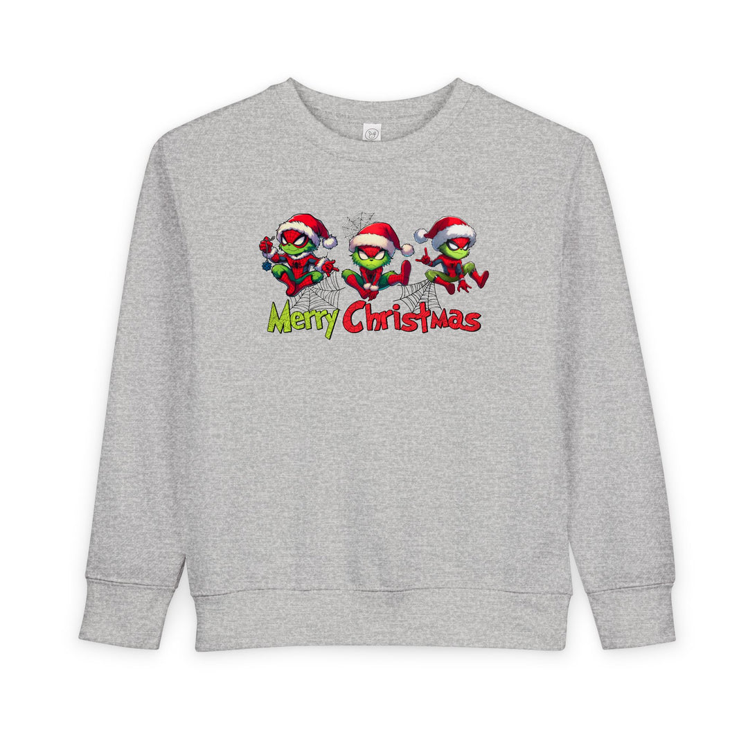 Spider Toddler Crew sweatshirt featuring festive Grinch-style Spider-Man characters with Merry Christmas text, designed for warmth and durability in toddler sizes.