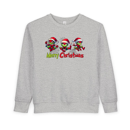 Spider Toddler Crew sweatshirt featuring festive Grinch-style Spider-Man characters with Merry Christmas text, designed for warmth and durability in toddler sizes.