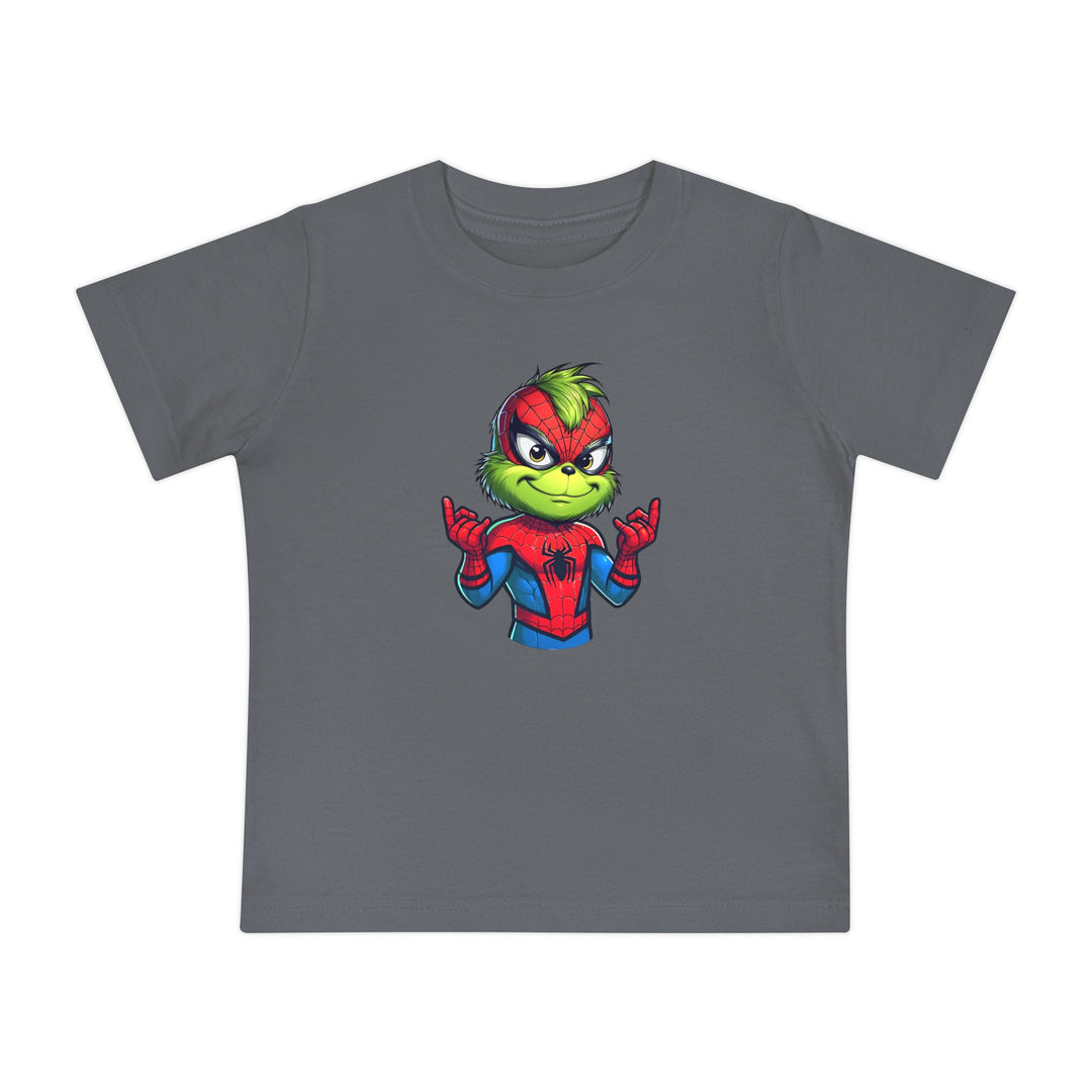 Spider Baby Tee featuring a cartoonish green creature in a Spider-Man suit, perfect for infants. Made from soft, shrink-resistant cotton for comfort and durability.