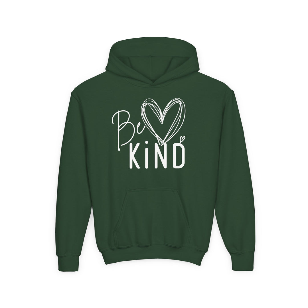 Be Kind Youth Hoodie with a white Be Kind graphic; features a front kangaroo pocket and drawstring hood, designed for a comfortable, soft fit.