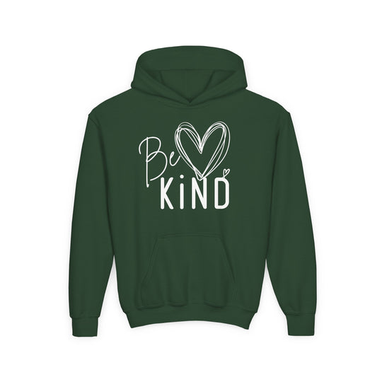 Be Kind Youth Hoodie with a white Be Kind graphic; features a front kangaroo pocket and drawstring hood, designed for a comfortable, soft fit.