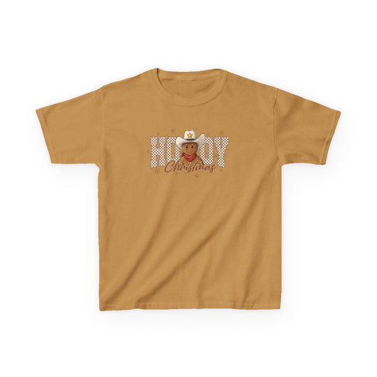 Howdy Christmas Kids Tee: Mustard T-shirt featuring a festive gingerbread cowboy graphic with 'Howdy Christmas' text, ideal for everyday wear with durable, soft cotton fabric.