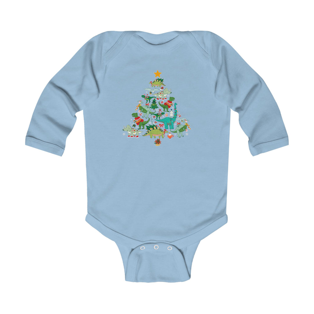 Baby Dino Tree Onesie featuring cartoon dinosaurs in holiday gear forming a Christmas tree on a light-blue bodysuit, perfect for infants, with durable, soft cotton fabric.