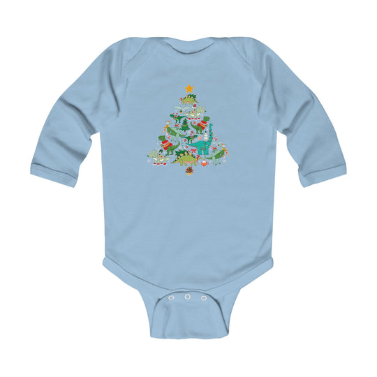 Baby Dino Tree Onesie featuring cartoon dinosaurs in holiday gear forming a Christmas tree on a light-blue bodysuit, perfect for infants, with durable, soft cotton fabric.