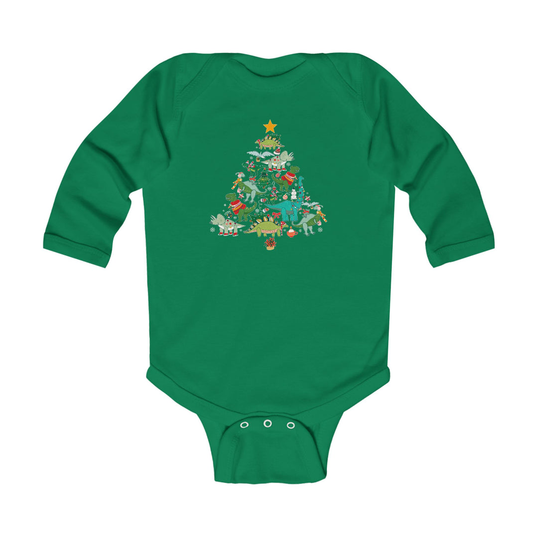 Baby Dino Tree Onesie features a festive dinosaur Christmas tree design with cartoon dinos adorned with holiday decorations, perfect for infants. Durable, soft, 100% cotton fabric.