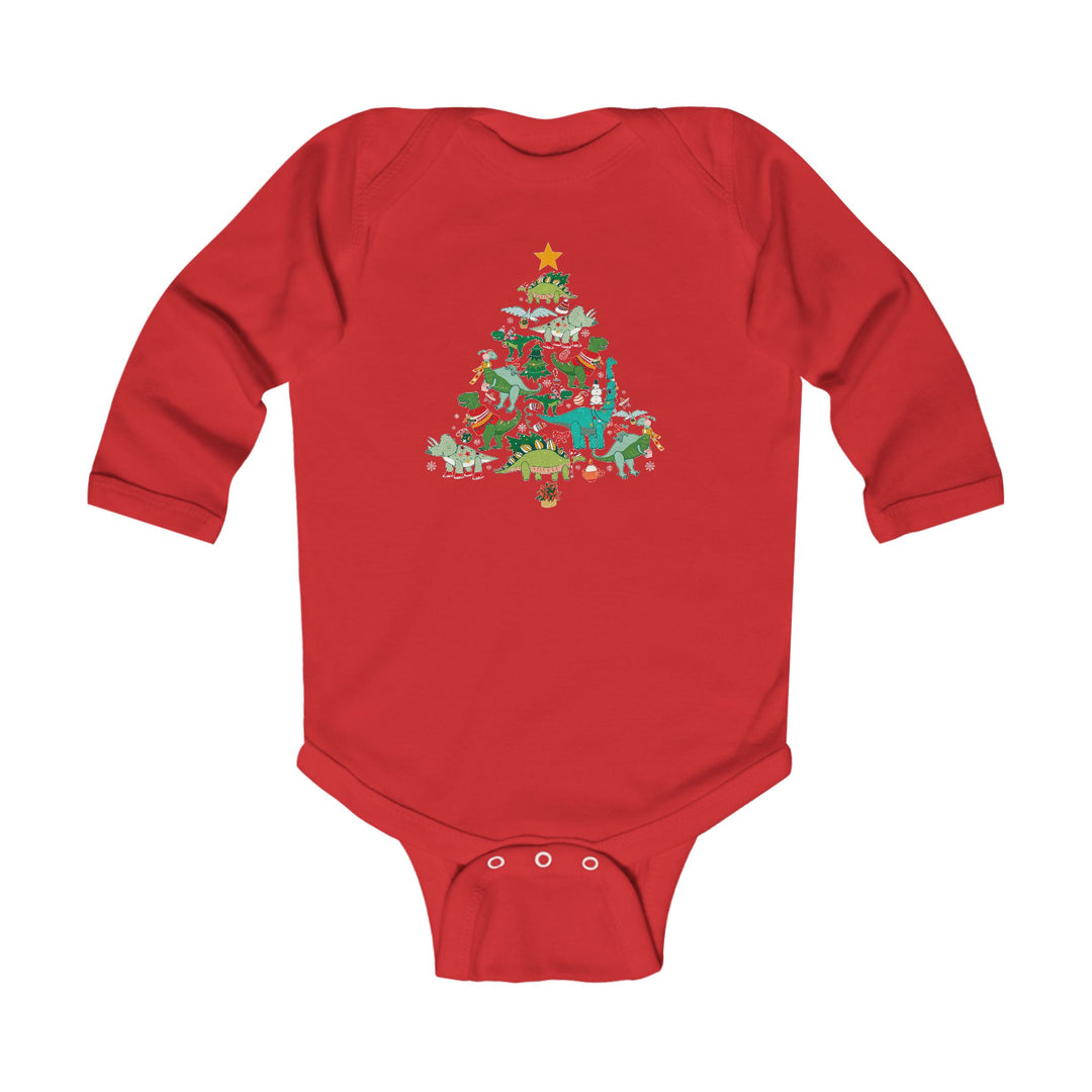 Baby Dino Tree Onesie: Red long-sleeve bodysuit with a Christmas tree of dinosaurs graphic, featuring holiday ornaments and a star. Soft, durable fabric with easy-snap closure.