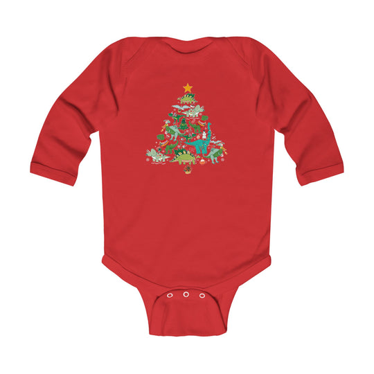 Baby Dino Tree Onesie: Red long-sleeve bodysuit with a Christmas tree of dinosaurs graphic, featuring holiday ornaments and a star. Soft, durable fabric with easy-snap closure.