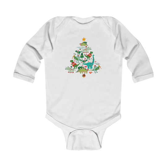 Baby Dino Tree Onesie featuring cartoon dinosaurs forming a Christmas tree design, crafted for comfort with soft cotton and easy-change snaps.