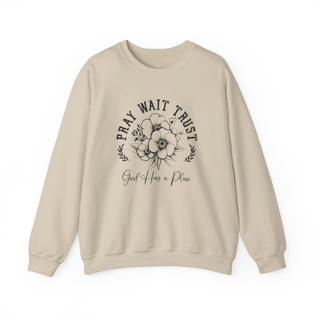 Pray Wait Trust Crew: White sweatshirt featuring a black and white flower design, unisex heavy blend with ribbed knit collar for shape retention.