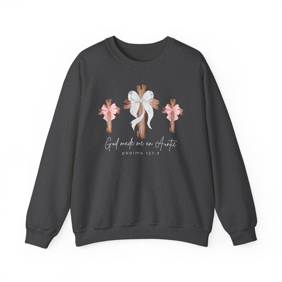 Dark-charcoal crewneck sweatshirt with three wooden crosses and bows, featuring God Made Me a Girl Auntie and psalms 127:3 text.