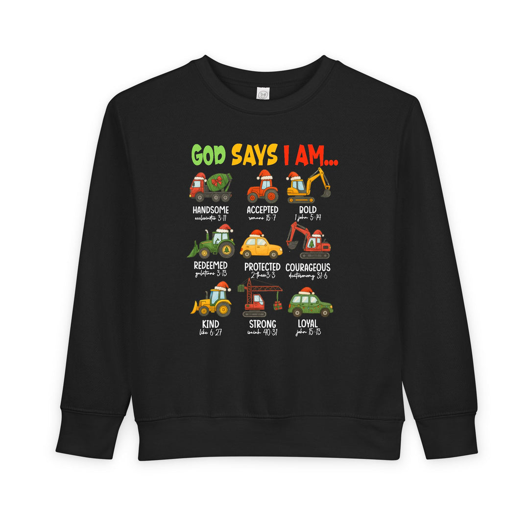 God Says Christmas Truck Toddler Crew: Black sweatshirt featuring nine cartoon vehicles with Santa hats and Bible verse attributes, ideal for cozy holiday wear.