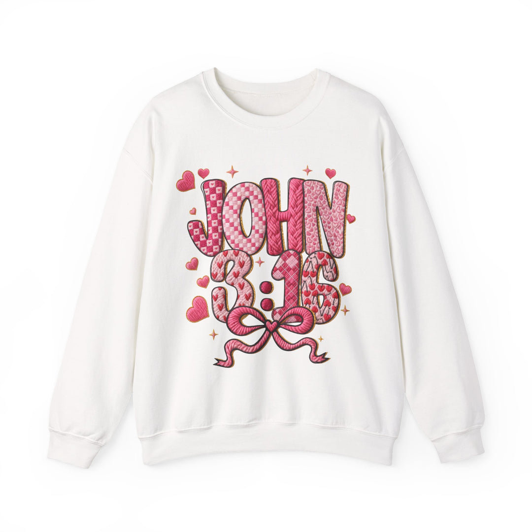 3:16 Crew sweatshirt with JOHN 3:16 in pink and red quilt-like letters, adorned with hearts and sparkles, offering comfort and style.
