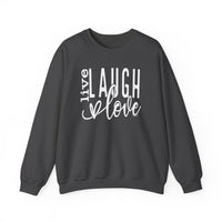A unisex Live Laugh Love Crew heavy blend crewneck sweatshirt in grey with white text. Comfortable, ribbed knit collar, no itchy seams. 50% Cotton 50% Polyester, medium-heavy fabric, loose fit, true to size.