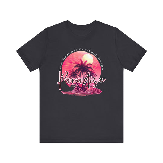 The Paradise Tee, a unisex jersey short sleeve shirt, features a crew neckline and ribbed knit collars, offering a comfortable and stylish fit.