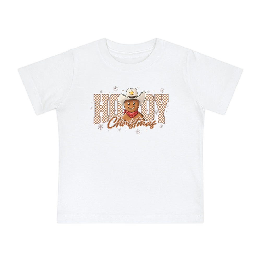 Howdy Christmas Baby Tee featuring a gingerbread cowboy with a hat and bandana, surrounded by HOWDY letters and snowflakes, on soft pre-shrunk cotton.