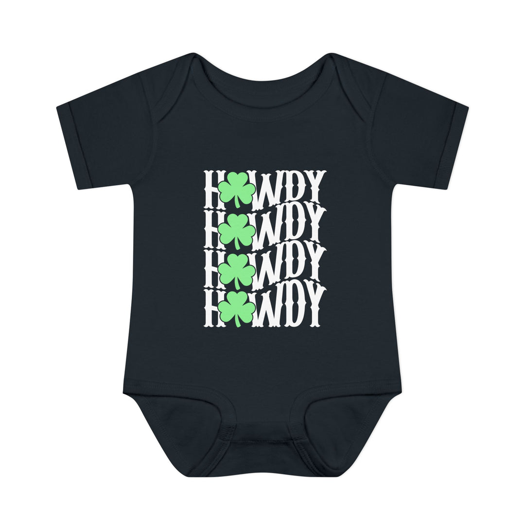 Howdy Lucky Onesie: A black baby bodysuit featuring white text and green clovers, designed for comfort with soft, ring-spun cotton and practical lap shoulders.