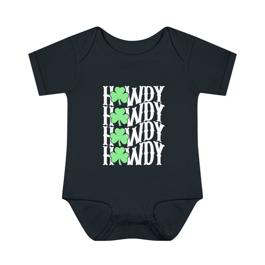 Howdy Lucky Onesie: A black baby bodysuit featuring white text and green clovers, designed for comfort with soft, ring-spun cotton and practical lap shoulders.
