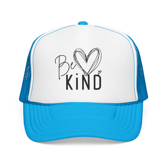 Be Kind Foam Trucker Hat with a hand-drawn heart on the front, featuring a mesh back and adjustable snap for a trendy, custom fit.
