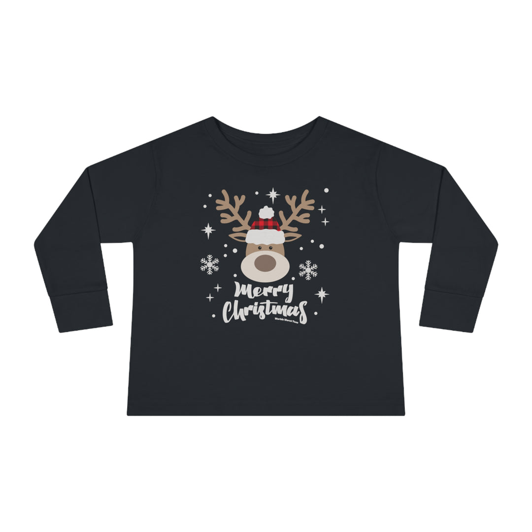 A black toddler long-sleeve tee featuring a deer design, ideal for the holidays. Made of 100% combed ringspun cotton, with ribbed collar and EasyTear™ label for comfort and durability.