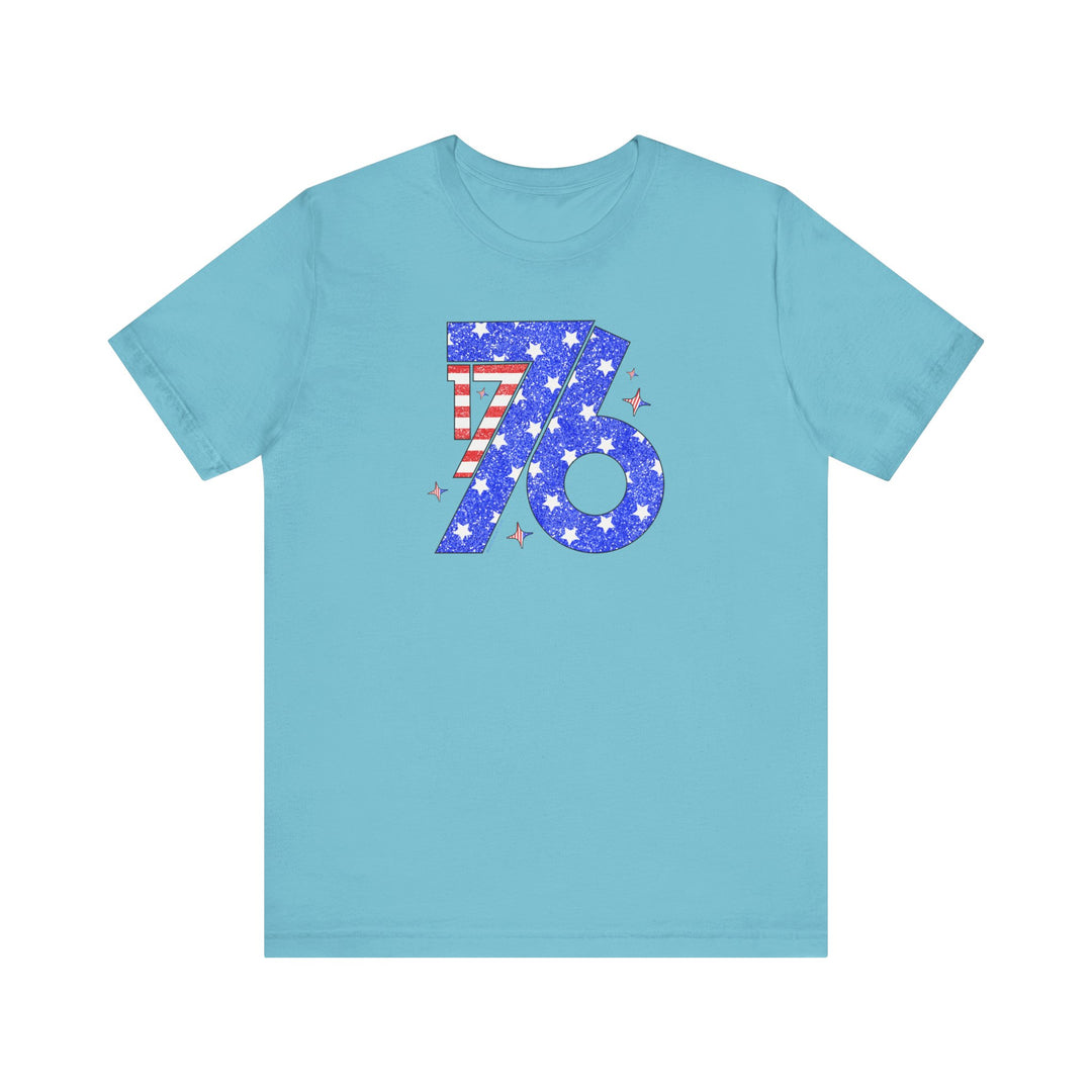 A blue 1776 Tee with a number and stars, a classic unisex jersey short sleeve tee made of 100% Airlume combed cotton. Soft fabric, ribbed knit collar, and tear-away label. Sizes XS to 3XL.
