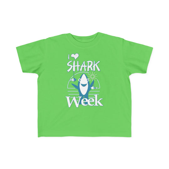 Toddler wearing I Love Shark Week tee, showcasing a soft, 100% cotton fabric ideal for sensitive skin, perfect for adventurous outings.