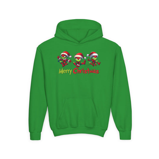 Spider Youth Hoodie featuring festive green characters in Spider-Man-style suits with Santa hats above Merry Christmas. Ultra-soft, preshrunk fleece with kangaroo pocket.