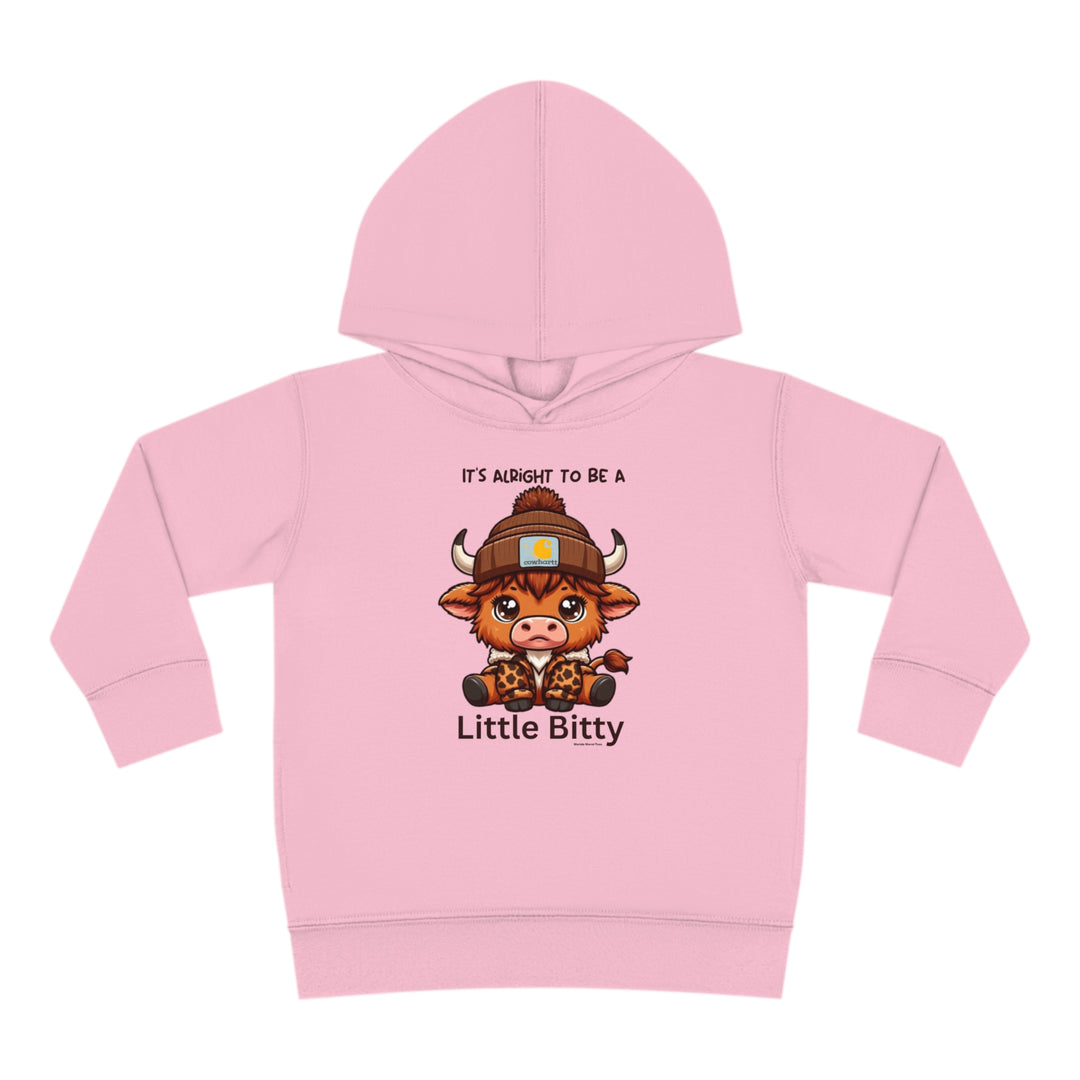 Little Bitty Toddler Hoodie featuring a cartoon cow design, jersey-lined hood, and side seam pockets. Made of 60% cotton, 40% polyester for durability and coziness. Dimensions: 2T - 15.62L x 14.50W, 4T - 16.62L x 15.50W, 5-6T - 17.62L x 16.50W.