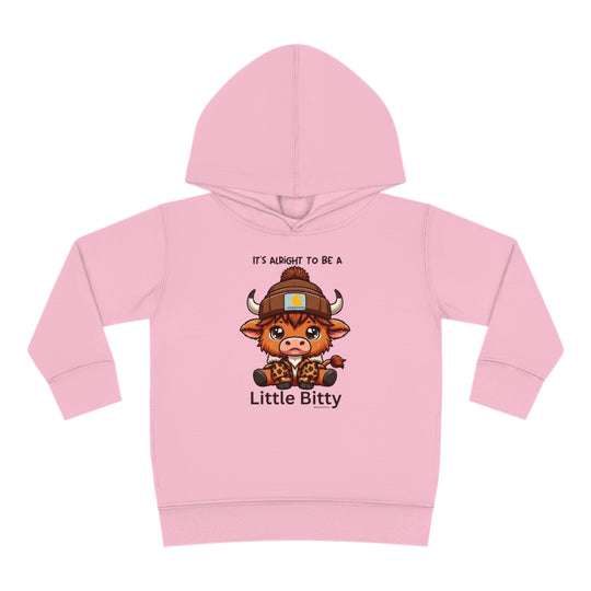 Little Bitty Toddler Hoodie featuring a cartoon cow design, jersey-lined hood, and side seam pockets. Made of 60% cotton, 40% polyester for durability and coziness. Dimensions: 2T - 15.62L x 14.50W, 4T - 16.62L x 15.50W, 5-6T - 17.62L x 16.50W.