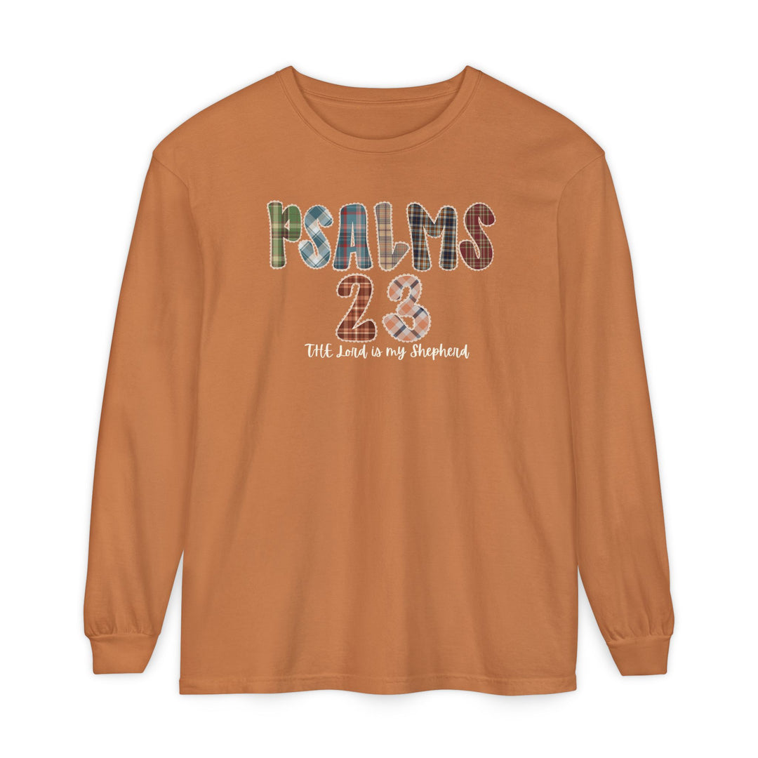 Psalms 23 Long Sleeve Tee featuring a patchwork graphic and script text on a burnt-orange crewneck, crafted from soft, garment-dyed ring-spun cotton.
