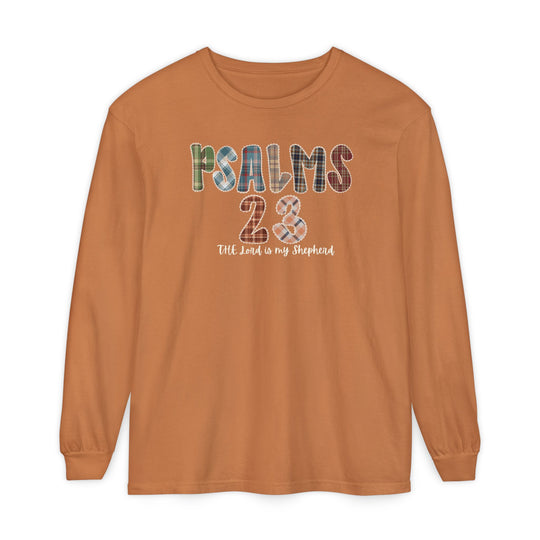 Psalms 23 Long Sleeve Tee featuring a patchwork graphic and script text on a burnt-orange crewneck, crafted from soft, garment-dyed ring-spun cotton.