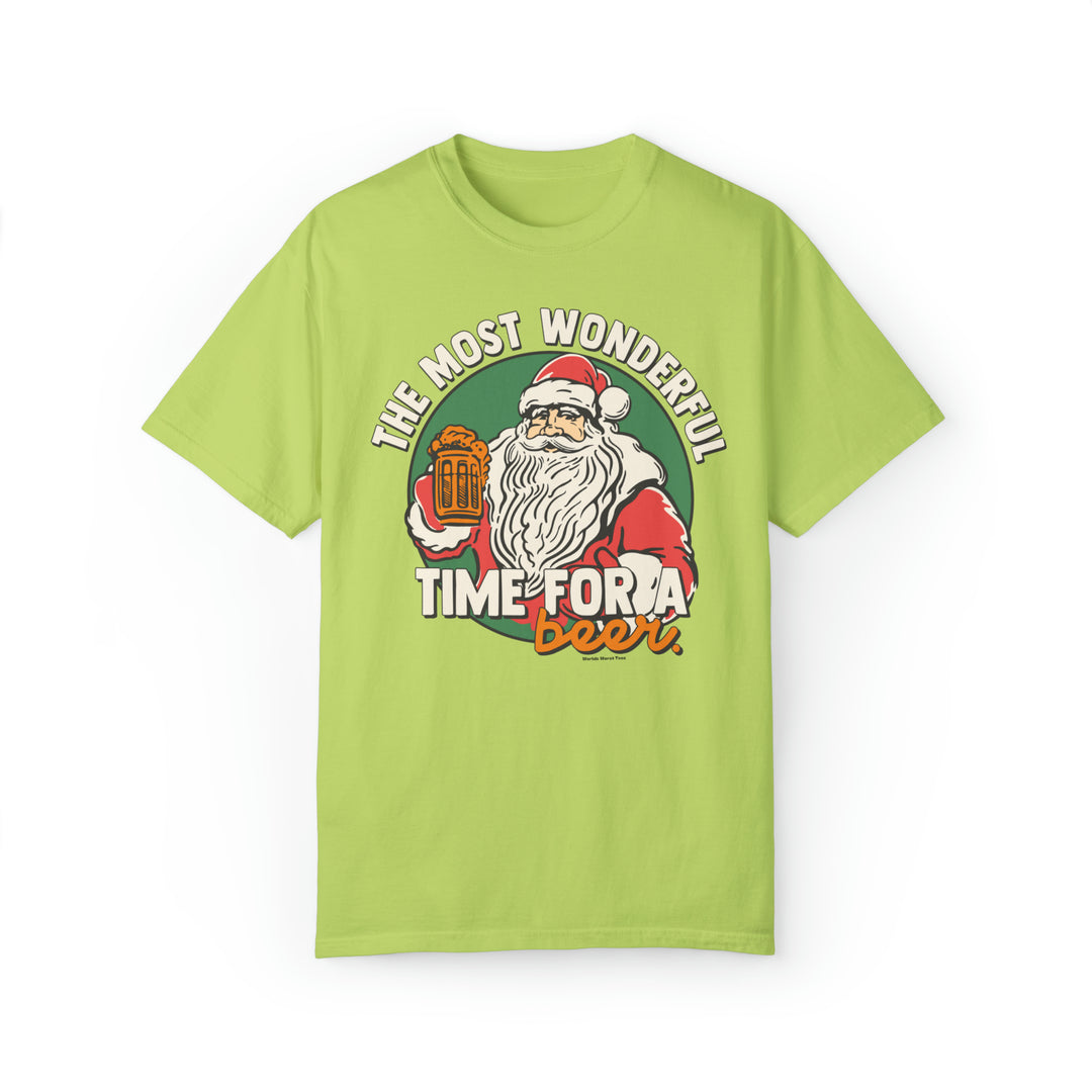 A green shirt featuring Santa Claus holding a beer, embodying festive humor. Unisex sweatshirt with a relaxed fit, crafted from 80% ring-spun cotton and 20% polyester. From 'Worlds Worst Tees'.