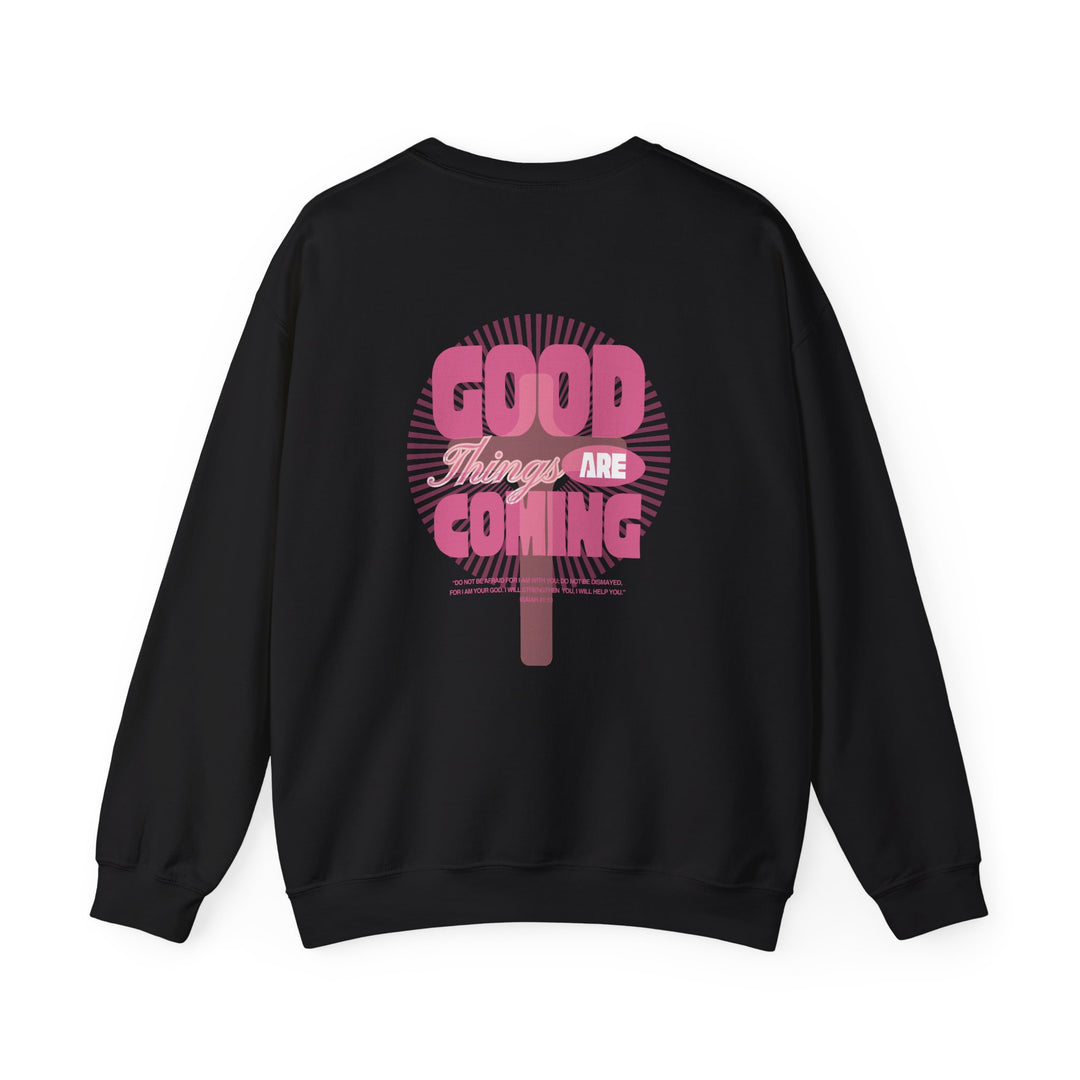 Good Things are Coming Crew sweatshirt with a classic fit and ribbed collar, made from a cozy polyester-cotton blend, offering comfort and durability.